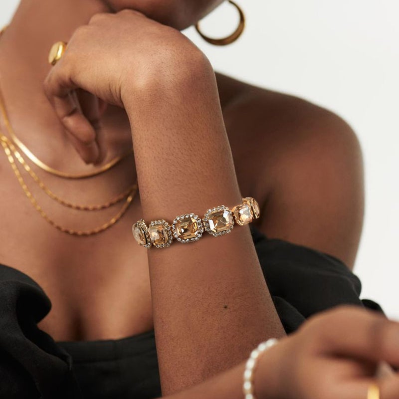 BriLove Large Statement Bangle Bracelet for Women Multi Emerald Cut Crystal Open Cuff Stretch Jewelry Champagne - Image 3